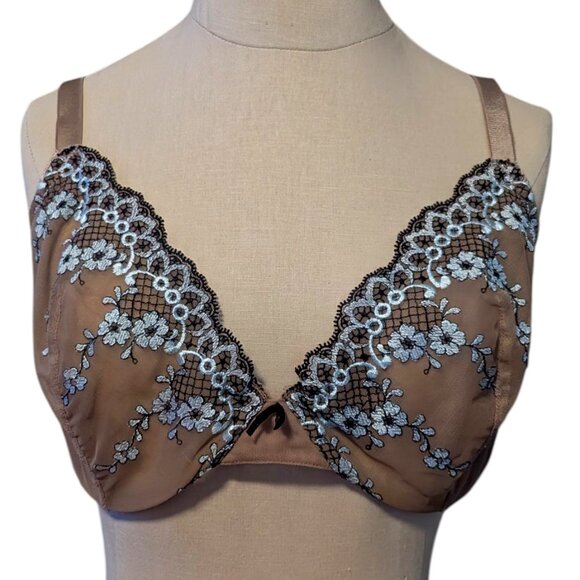 Victoria’s Secret Unlined Floral Lace Embroidered Semi Sheer Mesh Bra Wire 40D - Picture 1 of 8